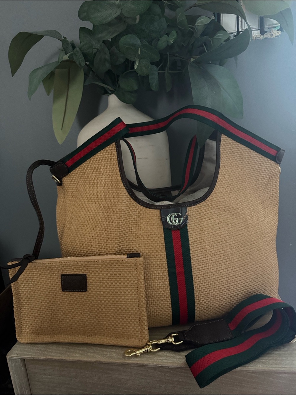 GG-Accent Straw Tote in Tan with Green & Red Stripe